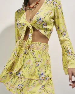 Yellow Floral Print Tie Top And Skirt Set