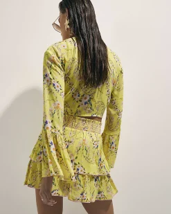 Yellow Floral Print Tie Top And Skirt Set