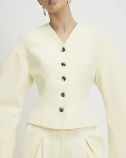 Yellow Linen Look Cocoon Sleeve Seamed Jacket