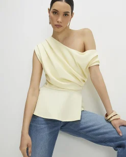 Yellow One Shoulder Drape Peplum Top