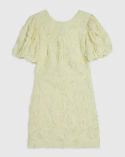 Yellow Puff Sleeve 3D Floral Mini Dress