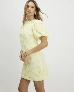Yellow Puff Sleeve 3D Floral Mini Dress