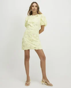 Yellow Puff Sleeve 3D Floral Mini Dress