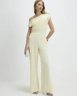 Yellow Short Sleeve Asymmetric Drape Jumpsuit