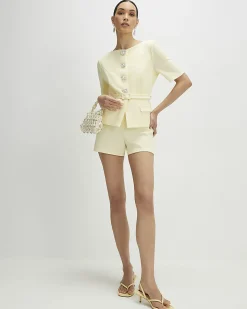 Yellow Short Sleeve Diamante Button Playsuit