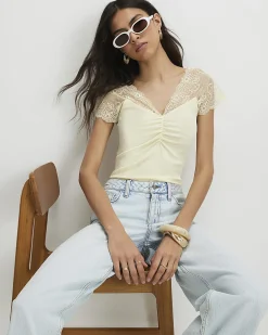 Yellow Short Sleeve Lace Trim Ruched Top