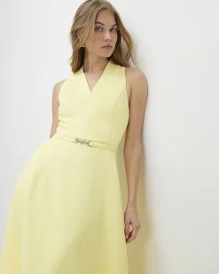Yellow Sleeveless Belted Midi Dress