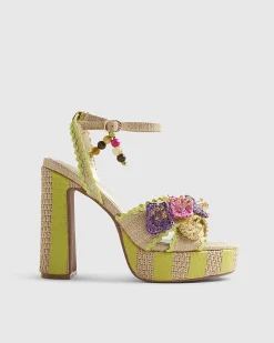 Yellow Stripe Raffia Flower Platform Sandals