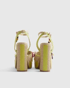 Yellow Stripe Raffia Flower Platform Sandals